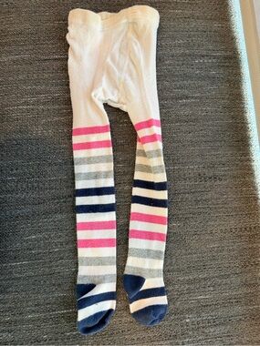 Kids Cream Stripe Tights with Pink, Gray & Navy Accents